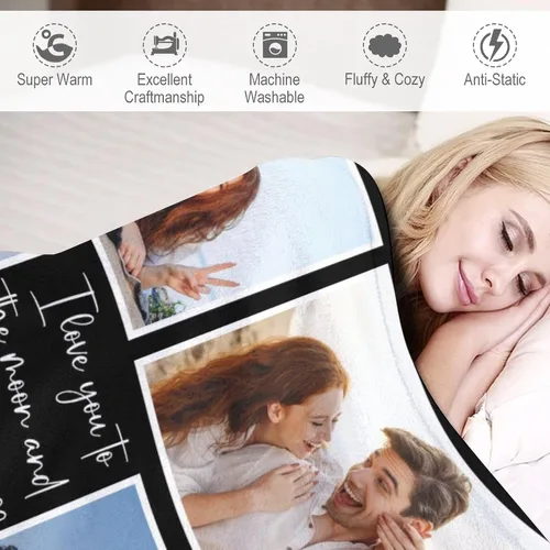Vista 4 de Manta personalizada de doble cara con fotos, texto, regalos de Navidad para novio, marido, novia, esposa, manta personalizada para aniversario