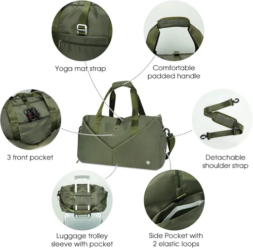 Vista 6 de Ceneda Bolsa de lona de gimnasio de 20 pulgadas con bolsillo húmedo para zapatos, portátil, bolsa de fin de semana, bolsa de viaje, bolsa de yoga