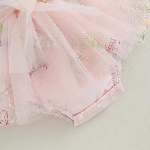 Vista 7 de KMBANGI Vestido de tutú para bebé niña con diadema de lazo de malla, manga larga, falda bordada floral, vestido de verano para primavera y otoño