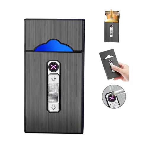 Vista 8 de Caja de cigarrillos de aluminio con encendedor eléctrico, encendedor USB recargable, regalo para mujeres, hombres, padre, madre (negro)