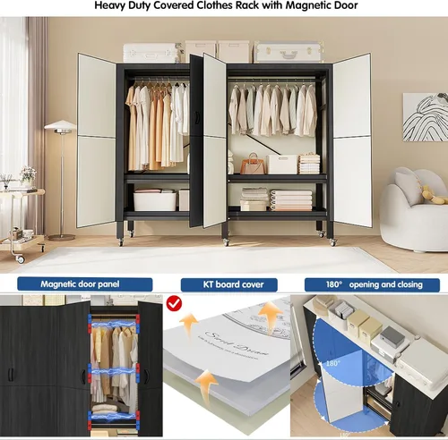 Vista 5 de Perchero cubierto resistente con puerta magnética, plegable, portátil, para colgar ropa, perchero de metal negro con ruedas (negro, 49.12 pulgadas)