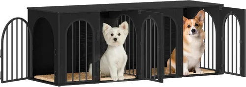 Vista 9 de Hzuaneri 63" Mueble de jaula para perros para 2 perros, jaula de perro interior resistente con soporte para TV, jaula de madera para perros L