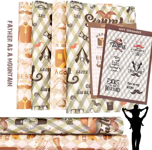 Vista 2 de Papel de regalo para el día del padre, 6 hojas de papel de regalo para hombres y papá, papel de regalo de estraza con bigote jazz sombrero traje