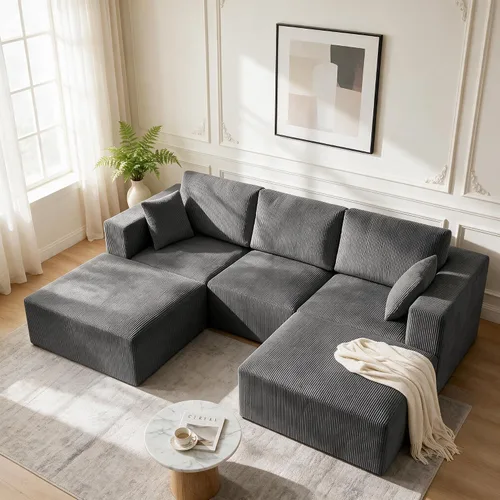 Vista 43 de WUTUTUEE Sofá modular en forma de U de 115 pulgadas, sofá modular modular de 3 plazas con 2 otomanas móviles, sofá cama convertible de pana con Beige