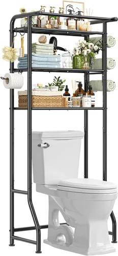 Vista 9 de Simple Trending Sobre el gabinete de almacenamiento del inodoro, organizador de estante de baño de metal con soporte para papel y ganchos, 3