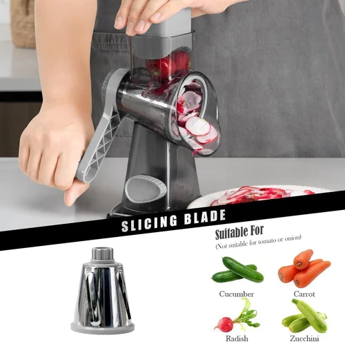 Vista 2 de Badelite Rallador de Queso con Manivela Giratoria Rallador de Queso de Acero Inoxidable Rebanadora de Verduras Rallador para Cocina 3 Cuchillas