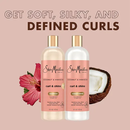 Vista 4 de SheaMoisture Coconut & Hibiscus Curl & Shine Champú y Acondicionador para Rizos Elásticos, Control del Encrespamiento, 16 Oz Cada Uno