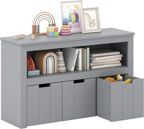 Vista 10 de HONEY JOY Organizador de almacenamiento de juguetes para niños, estante de guardería para niños, 3 cajas de juguetes de madera con ruedas, armario