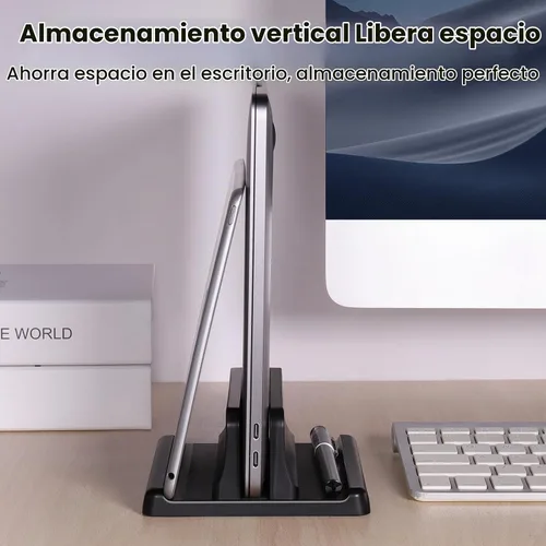 Vista 6 de Soporte vertical 3 en 1 para laptop, base ajustable de plástico ABS para computadora de escritorio, soporte vertical para laptop, ahorro de espacio