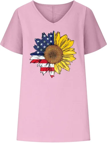 Vista 3 de Independence Day Tops Women Cotton Linen Shirts Patriotic Sunflower Graphic Tees American Flag V-Neck Loose Blouses