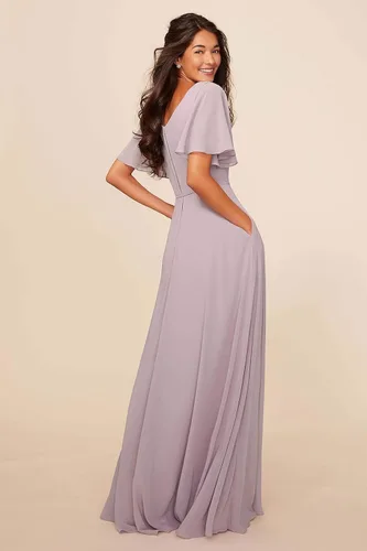 Vista 2 de GOEBAODEEN Chiffon Bridesmaid Dresses A Line Bateau Neck Flutter Sleeve Long Formal Evening Prom Gown with Pockets
