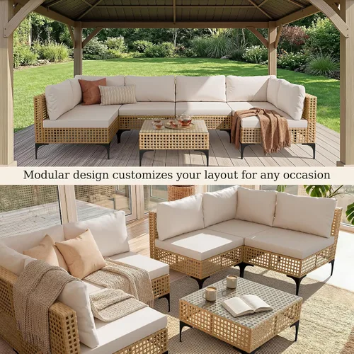 Vista 4 de Devoko Juego de muebles de patio, sofá modular de mimbre para exteriores de Beige