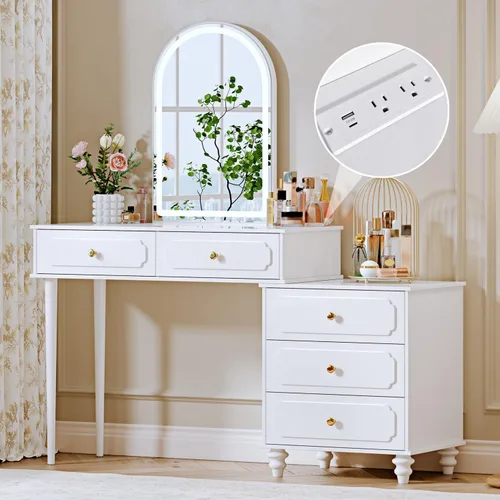Vista 8 de Ieejdn Negro, Escritorio de tocador con espejo y luces, Tocador de maquillaje con toma de corriente y gabinete ajustable, Mesa de maquillaje moderna