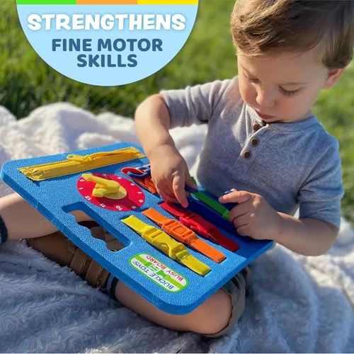 Vista 2 de Buckle Toys Busy Board - Juguete de aprendizaje Montessori para niños pequeños, actividades de viaje por carretera, tablero sensorial de espuma, Azul