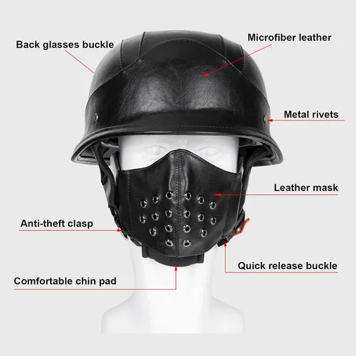 Vista 8 de Casco de motocicleta estilo alemán M35 hecho a mano de cuero retro 1/2 vintage casco de media cara para adultos, hombres y mujeres, aprobado por