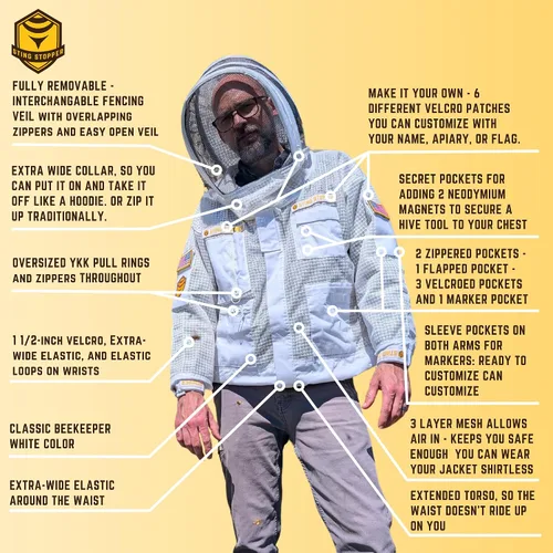 Vista 2 de Sting Stopper - Chaqueta de apicultura ventilada con velo Chaqueta de abeja transpirable de triple capa Torso largo, 7 bolsillos, cremalleras