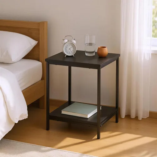 Vista 2 de Amazon Basics - Mesa auxiliar con estante inferior, mesa lateral para sala de estar, marco de acero, madera negra