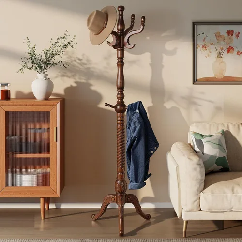 Vista 10 de Perchero de Madera Independiente con 8 Ganchos, Soporte para Abrigos de Servicio Pesado con Base Estable, Perchero Vintage de Pie para Entrada