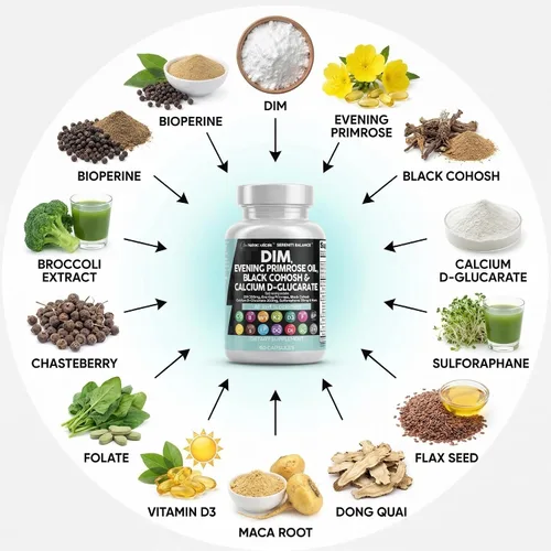 Vista 4 de Clean Nutraceuticals DIM Evening Primrose Black Cohosh Calcio D-Glucarato Sulforafano Extracto de semilla de lino – Vitaminas de apoyo hormonal