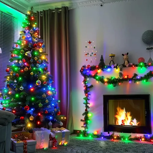 Vista 5 de Luces de Navidad a pilas para exteriores, 2 paquetes de 5.4 m, 50 luces LED multicolores mini para Navidad, Luces de Navidad con control remoto, 8