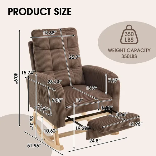 Vista 2 de NIOIIKIT Mecedora para guardería, mecedora tapizada de pana con reposapiés ajustable, silla mecedora copetuda con bolsillo lateral, mecedora
