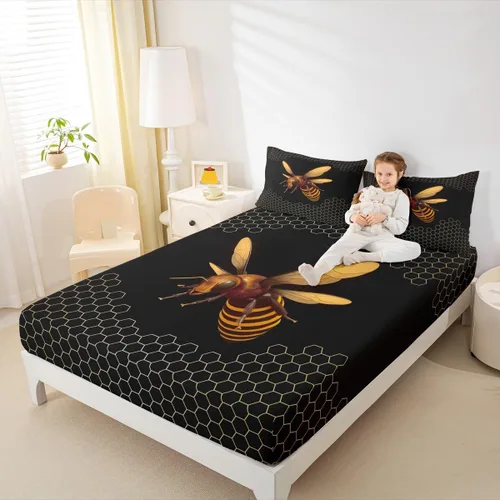 Vista 2 de Erosebridal Honey Bee - Juego de sábanas bajeras negras y doradas, tamaño individual, diseño geométrico de panal de abeja para niños y niñas, funda