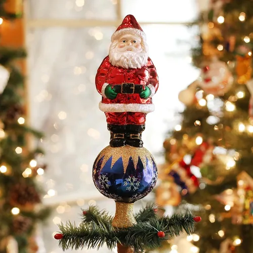 Vista 3 de Old World Christmas Adorno de cristal soplado con parte superior del árbol de Papá Noel para árbol de Navidad, decoración navideña hecha a mano