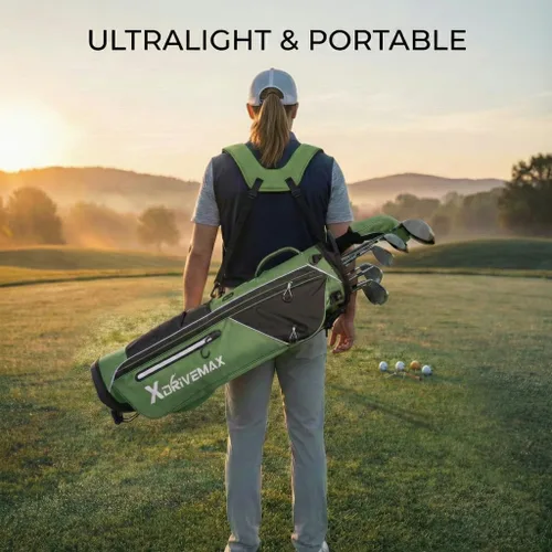 Vista 2 de Bolsa de golf ligera con soporte estable, diseño compacto con correas de hombro fáciles de transportar, parte superior de 4 direcciones, bolsillos