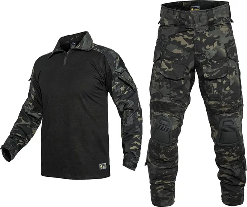 Vista 9 de YEVHEV Conjunto de ropa militar de combate G3, ropa táctica de camuflaje, uniforme de caza, equipo de paintball con rodilleras para hombres Negro