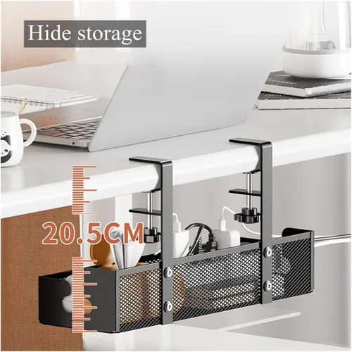Vista 4 de No Drilling Under Desk Wire Management Tray Retractable Cable Organizers In Home Office PC Router Data Wire Metal Storage Rack(Black 2 in 1)