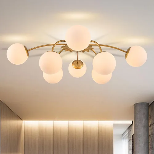 Vista 16 de Lámpara de araña Sputnik de 12 luces, color negro con burbujas de vidrio de leche Luces de techo semi empotradas, acento de flor, Art Deco