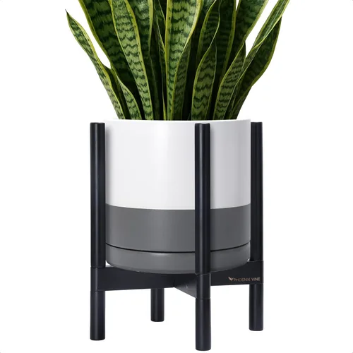 Vista 82 de D'vine Dev Maceta de cerámica con soporte de ébano – Maceta redonda moderna de 8 pulgadas con soporte para maceta de madera, color negro, 55-B-M-2