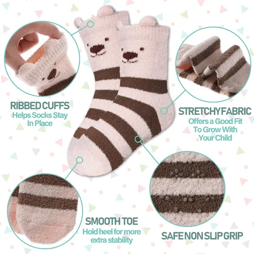 Vista 4 de LINEMIN Calcetines peludos para niños y niñas con agarres, antideslizantes, calcetines acogedores y esponjosos para invierno, calcetines cálidos