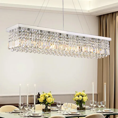 Vista 10 de Candelabros Modernos de Cristal para Lámpara de Comedor, Candelabro de Techo Rectangular Dorado de 6 Luces para Isla de Cocina y Sala de Estar