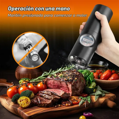 Vista 2 de Juego de molinillo eléctrico de sal y pimienta de 2 piezas - Molinillo automático de sal y pimienta, grosor ajustable, luz LED, operación con una