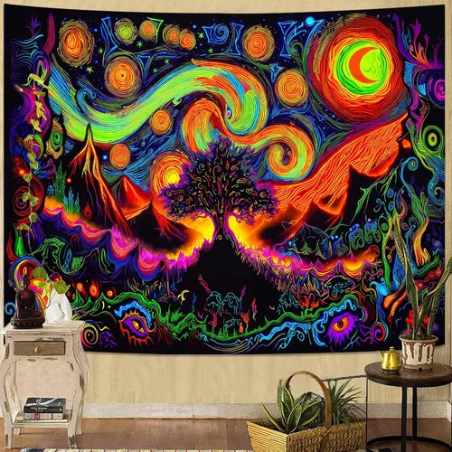 Vista 9 de Spenlife Blacklight - Fantástico tapiz de gato negro, tapiz de pared de gato reactivo que brilla con rayos UV para decoración de habitación, tapiz
