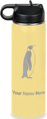 Vista 23 de LaserGram Botella de agua personalizada, pingüino, acero inoxidable de doble pared aislada al vacío con popote superior, regalo grabado