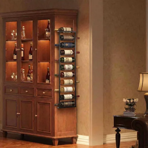 Vista 3 de AQAREA Estante de vino montado en la pared: soporte de metal para 10 botellas de vino - Estante de almacenamiento de vino negro