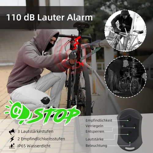 Vista 2 de Candado de cadena para bicicleta con alarma E Scooter Lock alarma antirrobo 110dB 4ft seguridad resistente con cable USB C y 3 llaves para Verde