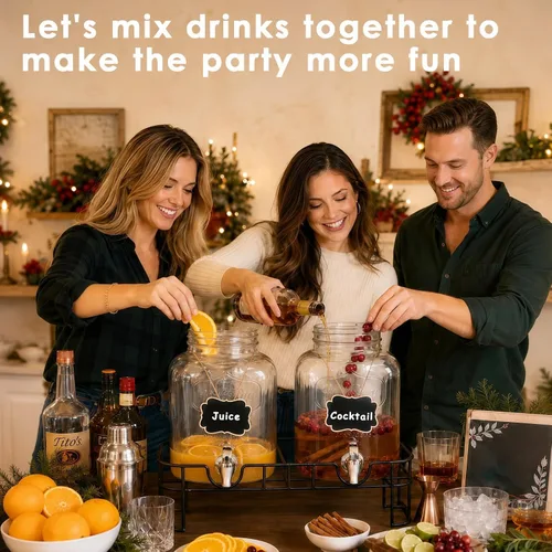 Vista 7 de Dispensadores de bebidas de vidrio de 1 galón para fiestas, juego de 2, dispensador de bebidas con infusor y soporte de frutas, dispensador de jugo