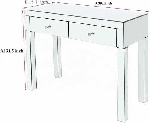 Vista 2 de Moderna mesa de consola plateada con espejo con 2 cajones de almacenamiento, escritorio rectangular de tocador, mesa de tocador de maquillaje