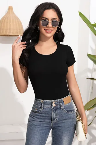 Vista 2 de SHEIUGU Enterizo básico de manga larga sin mangas para mujer, cuello redondo, elástico, ajustado, ajustado
