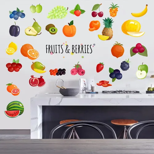 Vista 4 de Linda calcomanía de pared de frutas de dibujos animados DIY cocina verduras verdes verduras verdes sandía zanahoria berenjena cereza naranja