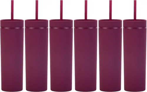 Vista 10 de Vasos negros mate con tapas y popotes. Vasos delgados de 16 onzas a granel. Vasos acrílicos de plástico de doble pared pastel para batidos de café