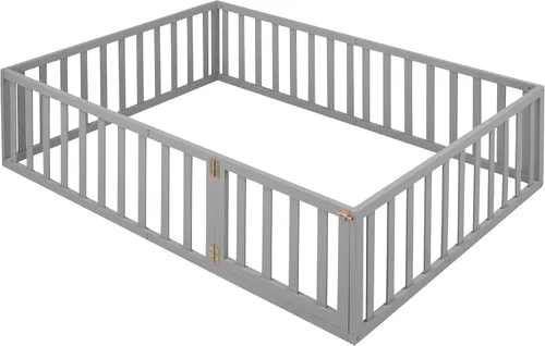 Vista 8 de Cama de suelo para niños, marco de cama Montessori de tamaño matrimonial con barandillas de valla para niños, camas de madera para niños y niñas