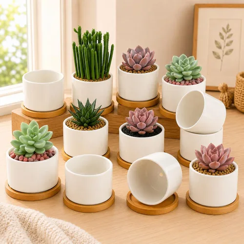 Vista 8 de ZOUTOG Macetas de Cerámica para Suculentas, Macetas de 4 Pulgadas, Macetas para Suculentas con Orificio de Drenaje y Bandeja de Bambú para Plantas