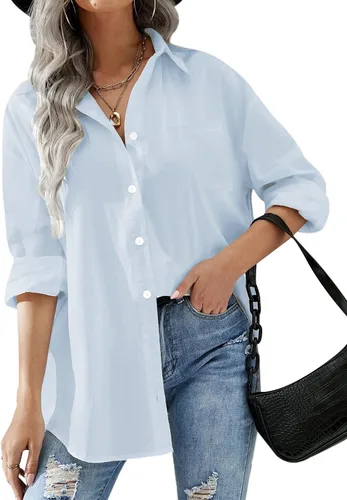 Vista 19 de HOTOUCH Camisas de gran tamaño con botones para mujer, blusa de hombro caída para oficina, de manga larga, estilo novio, camisa de vestir