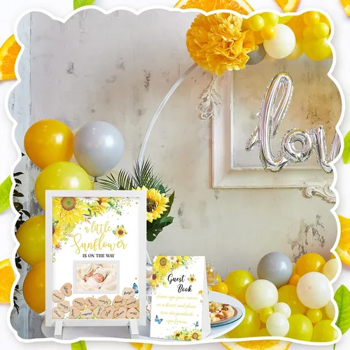 Vista 5 de Chunful 65 piezas de decoración de girasol para baby shower, libro de invitados alternativo para baby shower, letrero naranja para baby shower