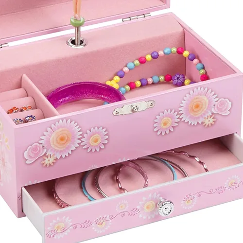 Vista 6 de Jewelkeeper Joyero musical de bailarina rosa para niña con cajón extraíble, estuche organizador de almacenamiento de joyas, melodía de lago cisne