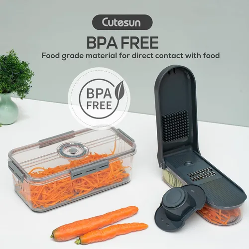 Vista 4 de Cutesun - Recipientes apilables transparentes para frutas y verduras con tapa y rebanadora de mandolina 6 en 1 para cocina, rallador de queso